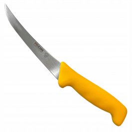 Nóż rzeźniczy Polkars nr 2, wygięty, wąski, długość ostrza 15 cm, żółty